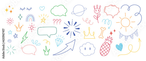 Set of cute pen line doodle element vector. Hand drawn doodle style collection of arrow, speech bubble, firework, thunder, scribble, colorful. Design for decoration, sticker, idol poster, social media