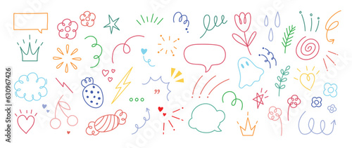 Set of cute pen line doodle element vector. Hand drawn doodle style collection of arrow, speech bubble, firework, thunder, scribble, colorful. Design for decoration, sticker, idol poster, social media