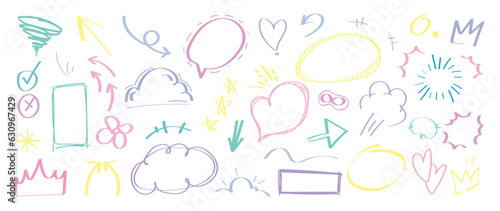Set of cute pen line doodle element vector. Hand drawn doodle style collection of arrow, speech bubble, star, heart, scribble, colorful. Design for decoration, sticker, idol poster, social media.