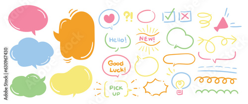 Set of cute pen line doodle element vector. Hand drawn doodle style collection of arrow, speech bubble, word, heart, scribble, colorful. Design for decoration, sticker, idol poster, social media.