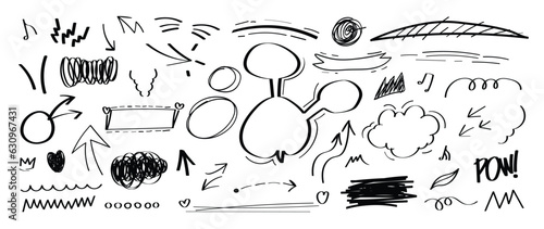 Set of cute pen line doodle element vector. Hand drawn doodle style collection of speech bubble, arrow, cloud, crown, melody, heart. Design for decoration, sticker, idol poster, social media.