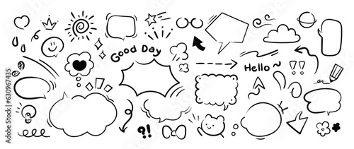 Set of cute pen line doodle element vector. Hand drawn doodle style collection of speech bubble, arrow, word, heart, flower, star, cloud. Design for decoration, sticker, idol poster, social media