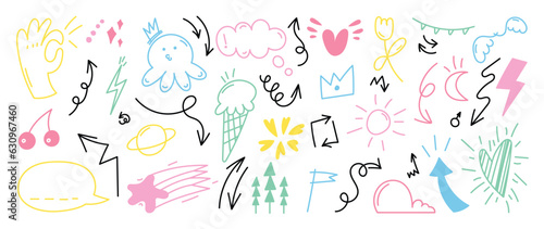 Set of cute pen line doodle element vector. Hand drawn doodle style collection of arrow, speech bubble, crown, flower, scribble, colorful. Design for decoration, sticker, idol poster, social media.