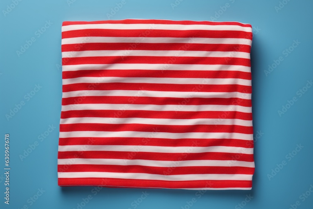 Red And White Striped Beach Towel On An Isolated Blue Background, Generative AI Red And White Striped Beach Towel On An Isolated Blue Background, Generative AI