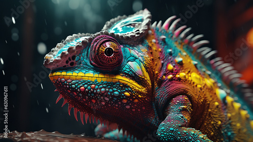 AI Generative. Close up of colorful chameleon. DMT Art style photo