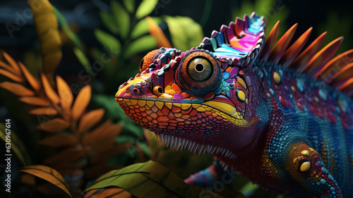 AI Generative. Close up of colorful chameleon. DMT Art style