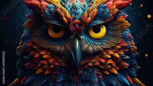 AI Generative. Closed up colorful fave and eye of owl.