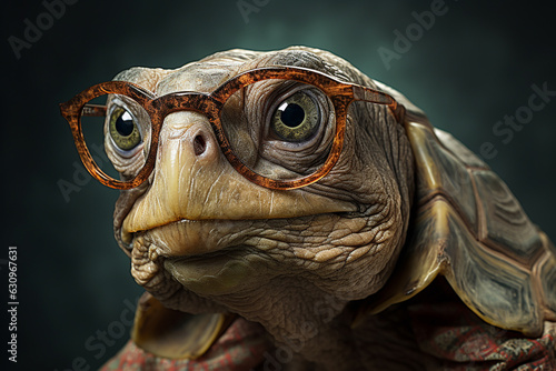Old turtle with glasses in front of studio background. Generative AI. © ImageFusion