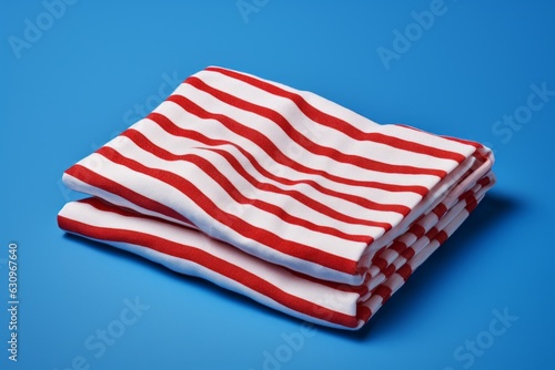 Red And White Striped Beach Towel On An Isolated Blue Background, Generative AI