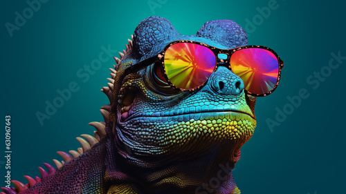 AI Generative. Chameleon wearing sunglasses on a solid color background