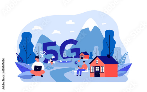 People using 5G internet in rural areas vector illustration. Providing reliable, cheap network connection to communities in remote towns, people using devices in village. Telecommunication concept