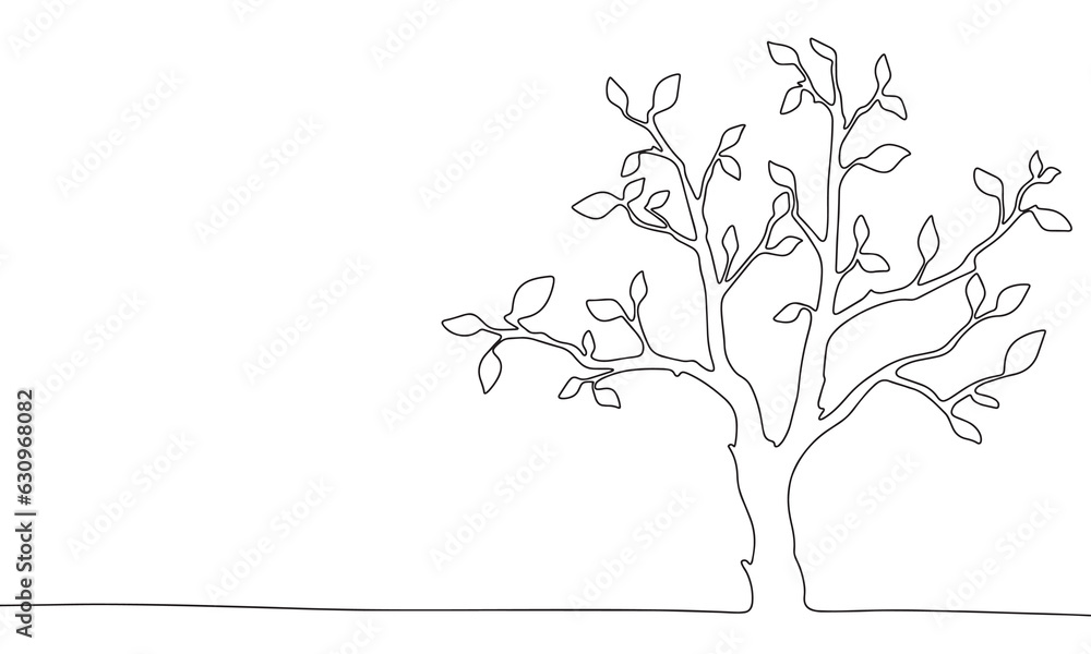 One line continuous tree with leaves. Line art of spring concept banner. Outline vector illustration.