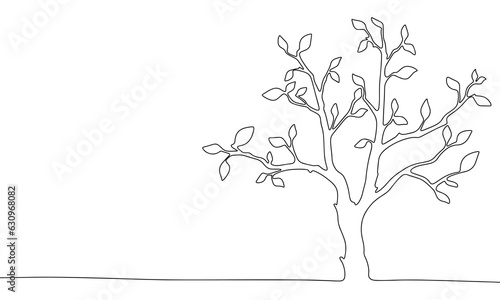 One line continuous tree with leaves. Line art of spring concept banner. Outline vector illustration.