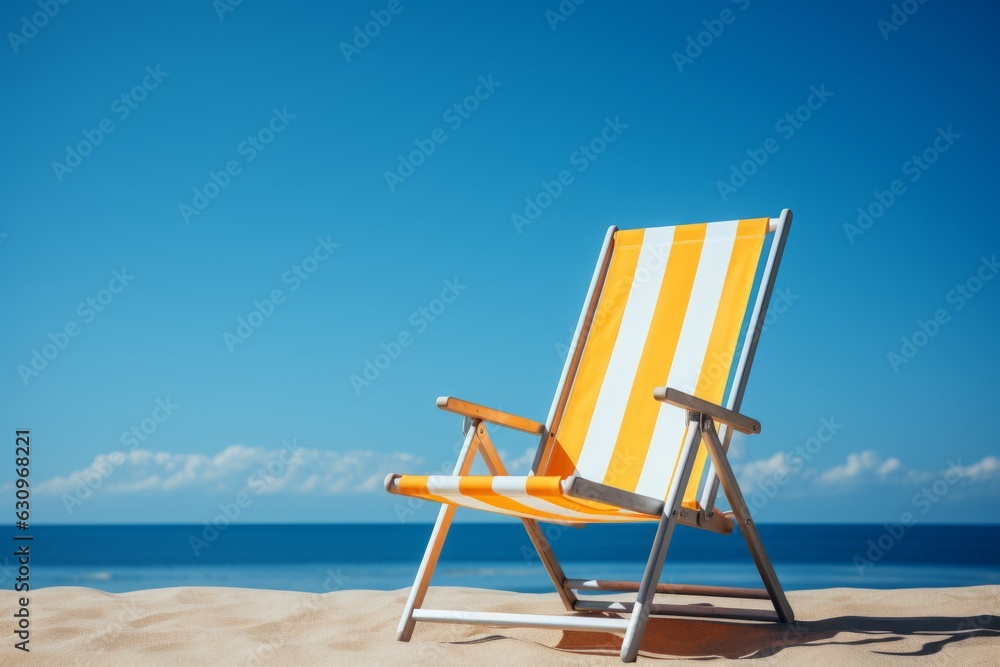 Yellow And White Beach Chair On An Isolated Blue Background, Generative AI Yellow And White Beach Chair On An Isolated Blue Background, Generative AI