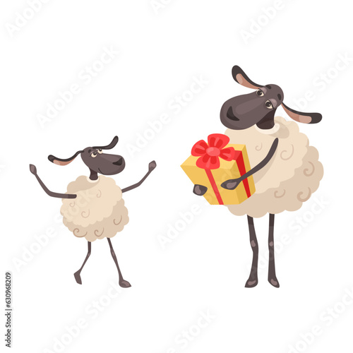 Comic mother sheep giving present to baby vector illustration. Cartoon drawing of little animal character getting gift from mom isolated on white background. Birthday, celebration concept