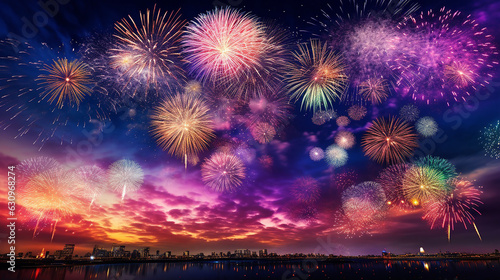 Colorful fireworks explode in the sky on New Year