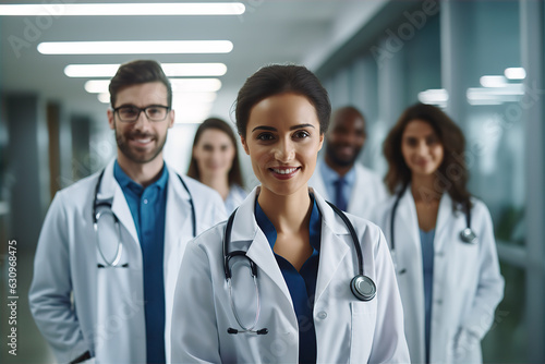 Group of modern doctors standing as a team with arms crossed in hospital corridor