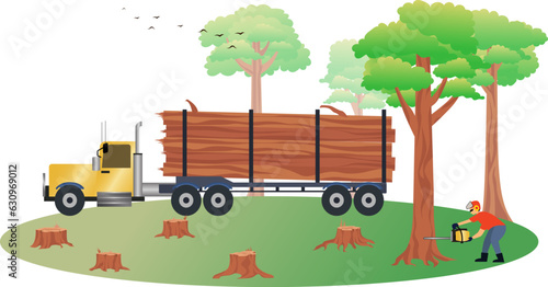 Forest loggers cut wood with a chainsaw vector illustration, felling wood for factory and industrial materials, forest destruction, deforestation concept