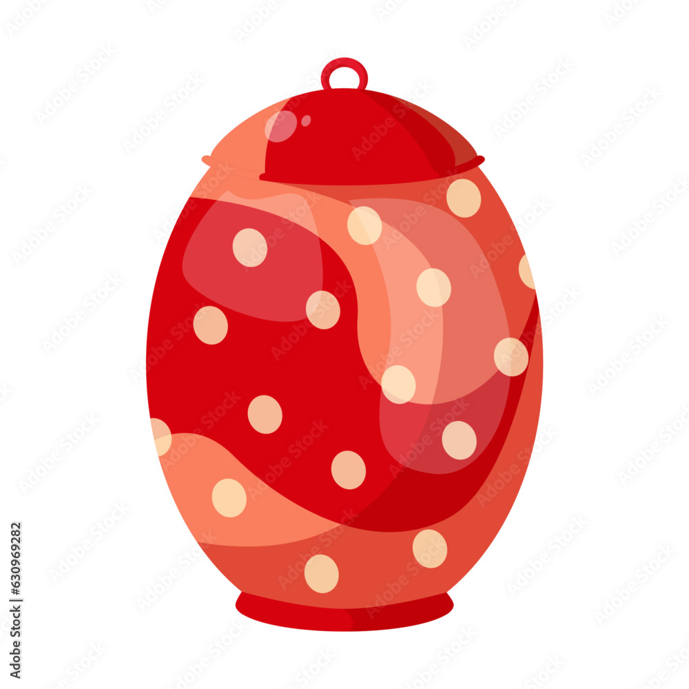 Red dotted ceramic pot or jar vector illustration. Cartoon drawing of pot isolated on white background. Kitchenware, teatime, coziness concept Red dotted ceramic pot or jar vector illustration. Cartoon drawing of pot isolated on white background. Kitchenware, teatime, coziness concept