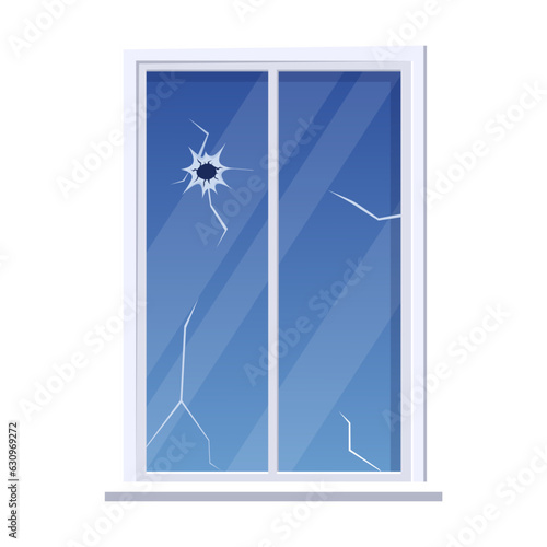 Rectangular window shape with holes illustration. Cartoon drawing of broken window with gunshot holes isolated on white background. Violence, danger, damage, destruction concept