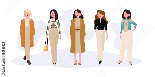 Rich people wearing simple clothes vector illustration. Female models dressed in fashionable and expensive coats, blouses and accessories. Fashion, quiet luxury, wealth concept