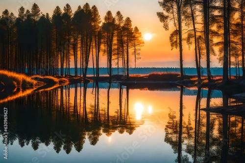 Sunrise, reflection of forest tree in river. AI-Generated