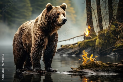 A bear stands near a river by a forest. (Generative AI)