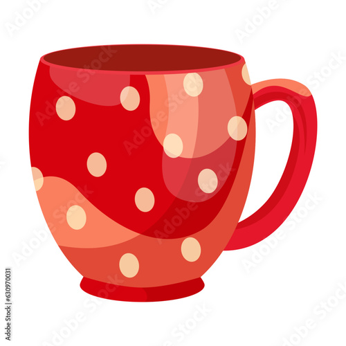Red dotted ceramic cup vector illustration. Cartoon drawing of pot and teacup isolated on white. Kitchenware, teatime, coziness concept