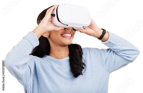 Canvas Print Happy, virtual reality headset and metaverse woman looking at digital world matrix, gaming AI software or simulation