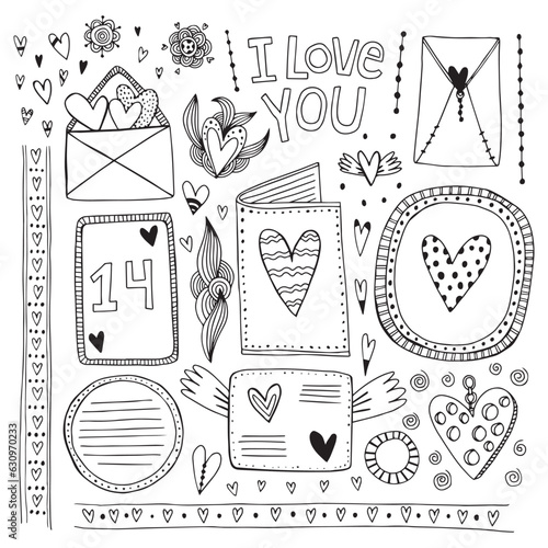 Romantic love doodle clip arts set valentine items