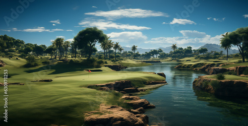 beautiful golf course blue sky with a few white fluff. Generative Ai content