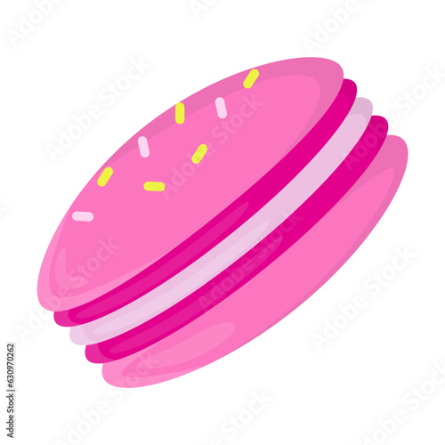 Pink macaroon cookie vector illustration. Cartoon drawing of sweet macaron with colorful sprinkles isolated on white background. Food, desserts, bakery concept
