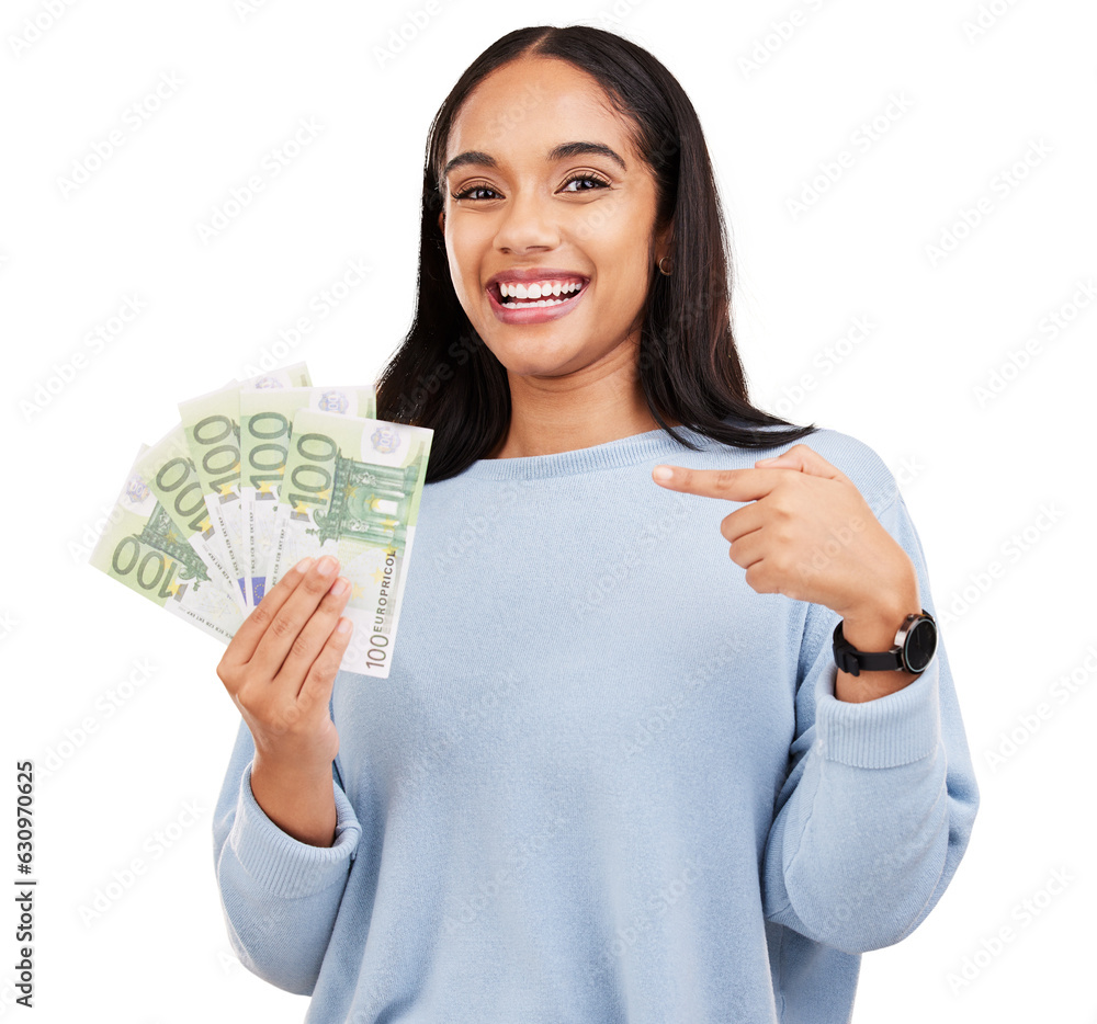 Happy woman, portrait and pointing to money for bonus, winning or salary isolated on a transparent PNG background. Excited female person smile with cash for financial freedom, bills or celebration Happy woman, portrait and pointing to money for bonus, winning or salary isolated on a transparent PNG background. Excited female person smile with cash for financial freedom, bills or celebration
