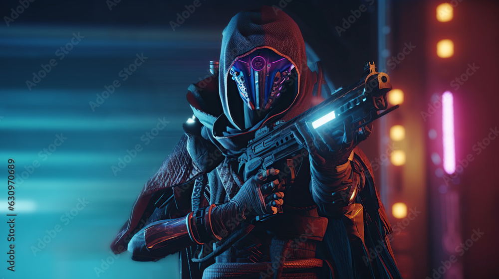 Εκτύπωση καμβά Sci-fi gaming character in futuristic suit aiming weapon,shooting gun,illustrati