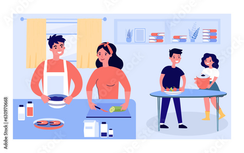 Happy parents and children cooking together vector illustration. Cartoon drawing of father, mother, daughter and son making lunch or dinner in kitchen at home. Family, food concept