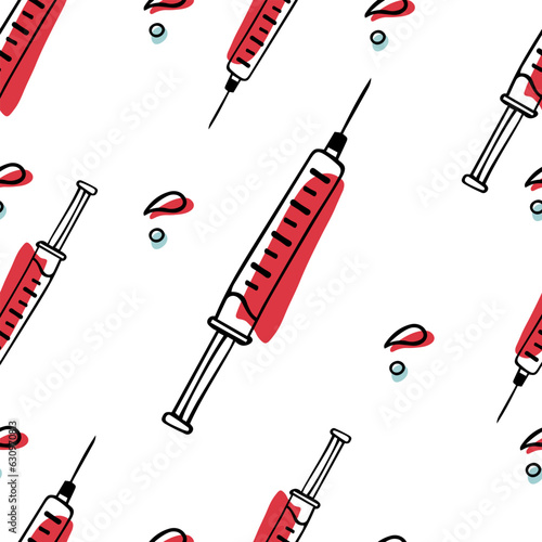 Seamless pattern Doodle syringe. AIDS Day. Blood Donor Day. Blood transfusion