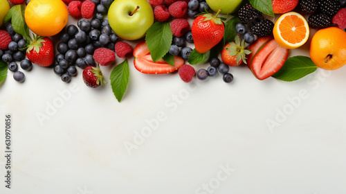 Fresh organic fruits lineup isolated on background  copy space