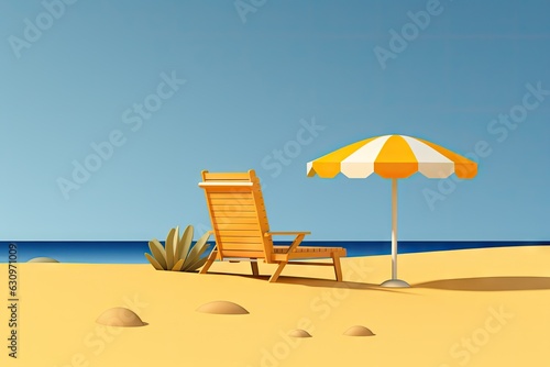 yellow beach chair and parasol with blue sky on a tropical beach. 3d