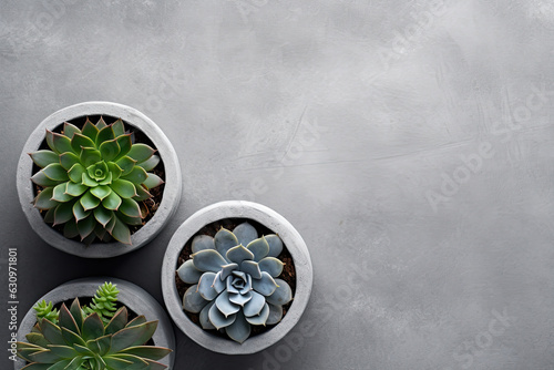 succulents in pots on a grey concrete background, in the style of minimalist abstracts. minimalist background with various succulents on a painted white wooden desk, top view, copyspace