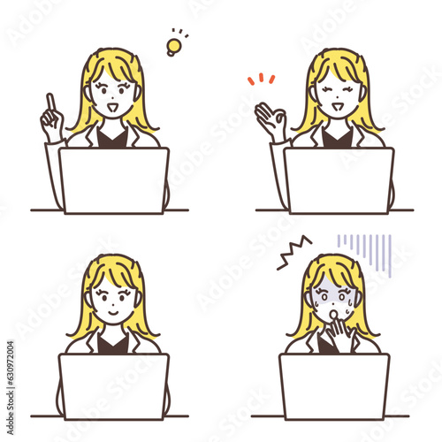 ノートパソコンで仕事をする女性のイメージイラストセット