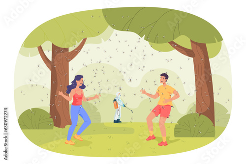 Mosquitoes attacking scared people vector illustration. Tourists suffering from contagious insect bites and skin illnesses, man in protective suit spraying grass. Malaria, summer, nature concept