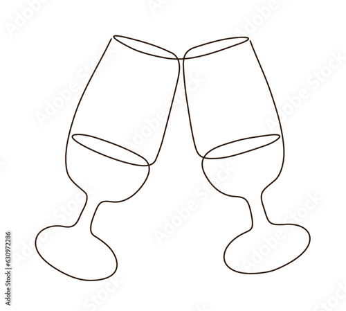 a close-up of minimal modern line art of two glasses of alcohol drinks celebrating. elegance simple contour drawing for restaurant and bar. new year christmas aniversary party invitation.