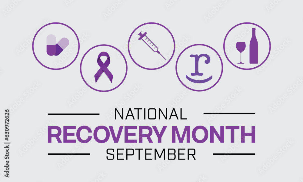 National Recovery Month design with drug, alcohol, pill, teal ribbon and r symbol. Vector illustration