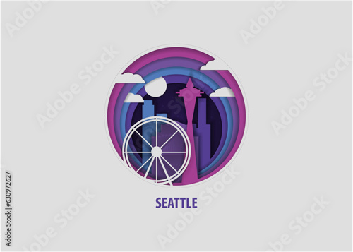 USA United States of America Seattle creative paper cut layer craft vector illustration. Origami style Washington state skyline travel art in depth illusion