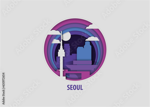 South Korea Seoul creative paper cut layer craft vector illustration. Origami style asian city skyline travel art in depth illusion
