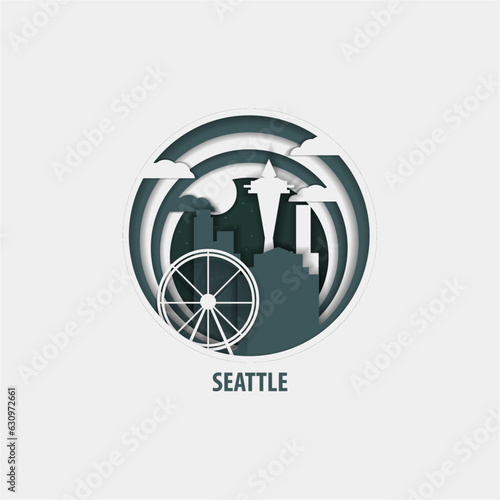 USA United States of America Seattle creative paper cut layer craft vector illustration. Origami style Washington state skyline travel art in depth illusion