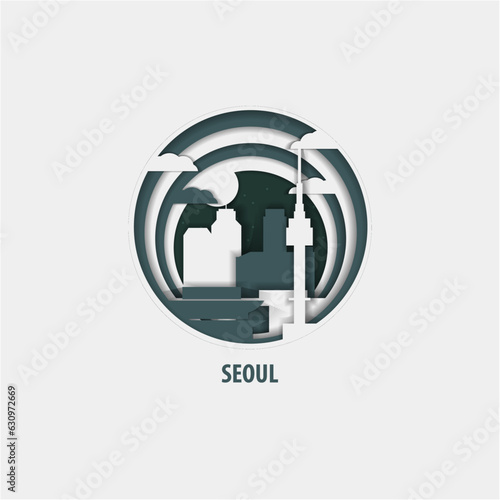 South Korea Seoul creative paper cut layer craft vector illustration. Origami style asian city skyline travel art in depth illusion
