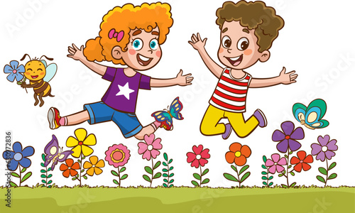 little kids playing with his friend in nature and feeling happy.joyful little children jumping and dancing
