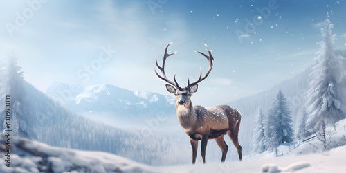 Deer in in a beautiful winter landscape. Snowflakes Mountain Scene. Blue Sky Illustration Background  © Luc.Pro