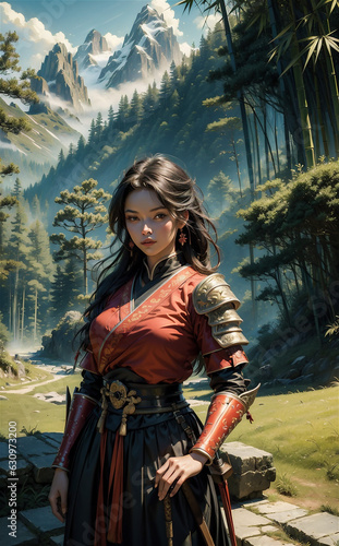 Portrait of a fantasy female warrior and wearing armor, equipped with a sword. 